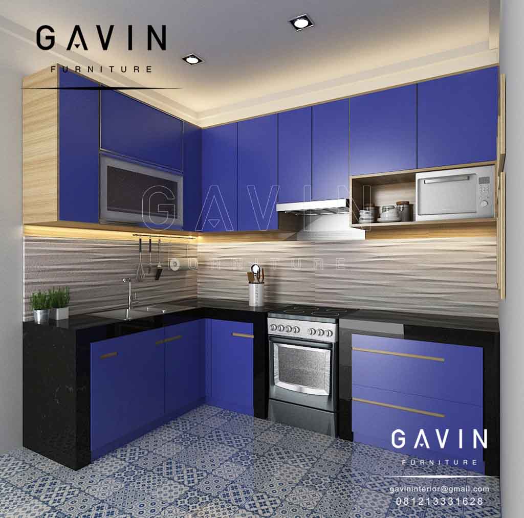 gambar kitchen set minimalis warna  biru kombinasi  hpl di 