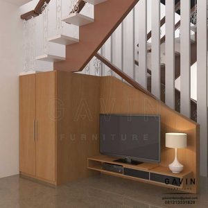 design ide lemari bawah tangga dan backdrop minimalis Q3083