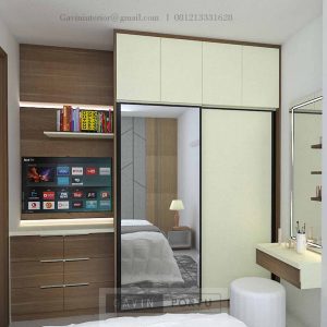 Lemari Pakaian Sliding Door Motif Kayu & Putih Royal Palm Pegadungan Kalideres ID4658P
